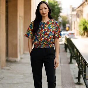 Vtg 80s Notations Floral Blouse M Elastic Waist Shoulder Pads USA Made